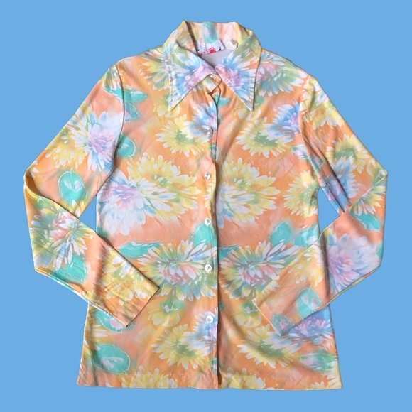 Vintage 70s Bright Flower Power Dagger Collar Shirt - Picture 1 of 4